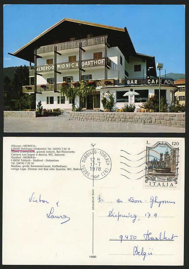 Italy 1978 Postcard TOBLACH Albergo Monica Gasthof Cafe