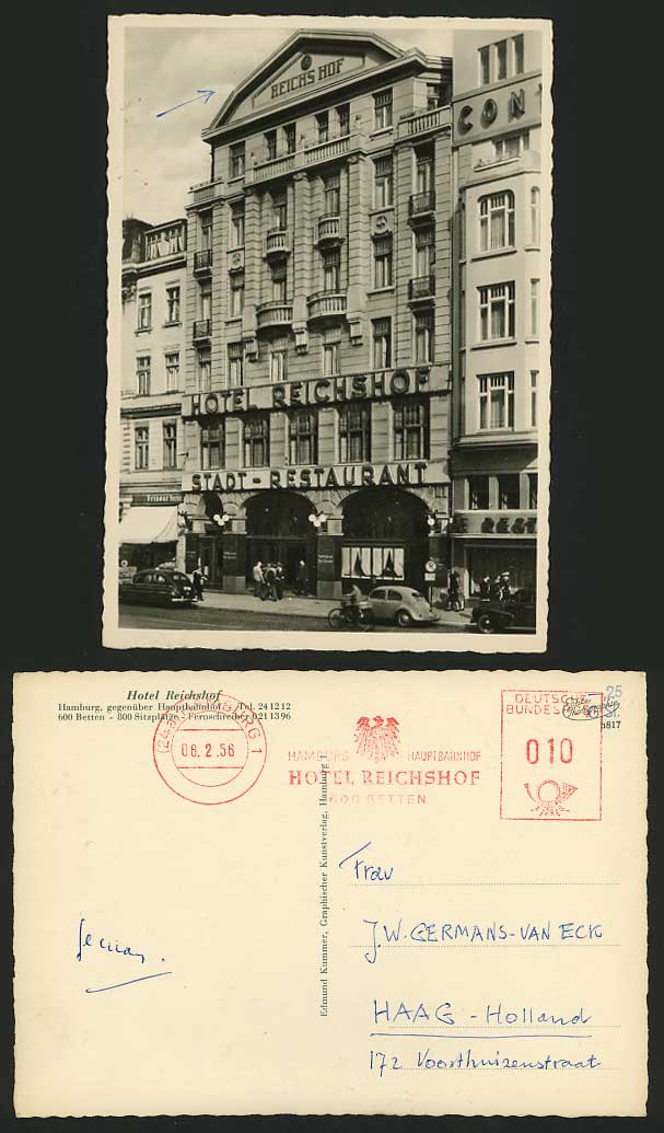 German Postcard 1956 Meter Mark HAMBURG Hotel Reichshof