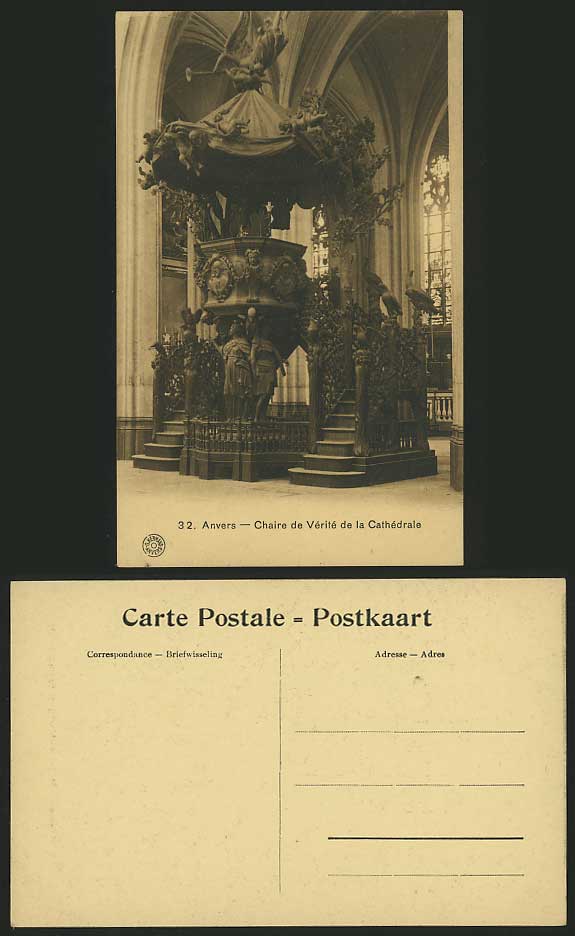 Belgium Old Postcard ANTWERP Pulpit Cathedral Interior