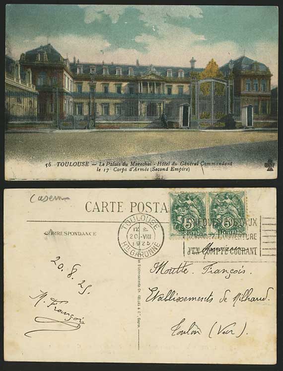 TOULOUSE 1925 Postcard Palais du Marechal 17 Corps Army