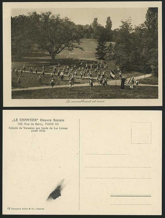 BOY SCOUTS Gathering 1915 Old Postcard Lake Geneva Flag