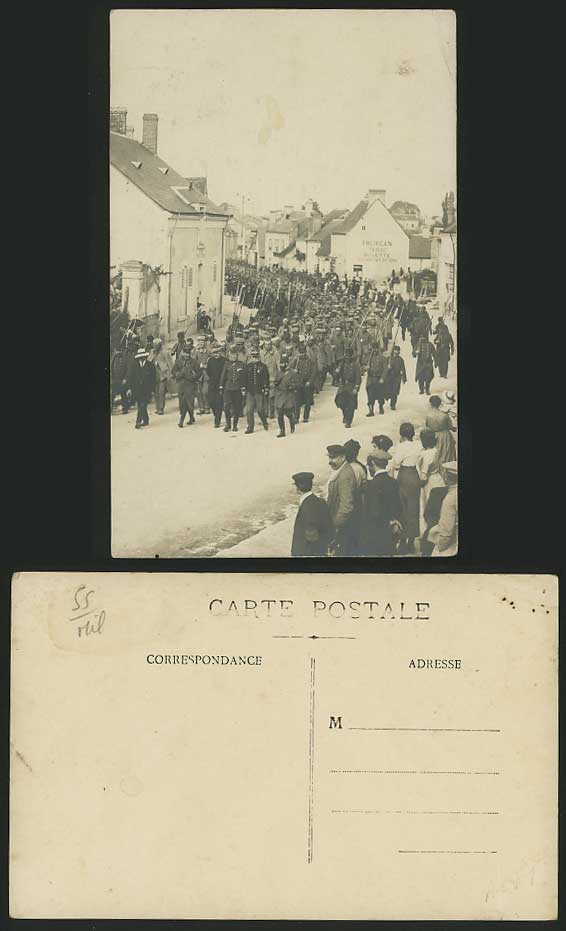 Military PARADE SS Old Postcard American Tabac Buvette Soldiers on Street Scene
