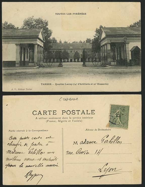 TARBES 1903 Old Postcard Quartier Larrey 14e Artillerie