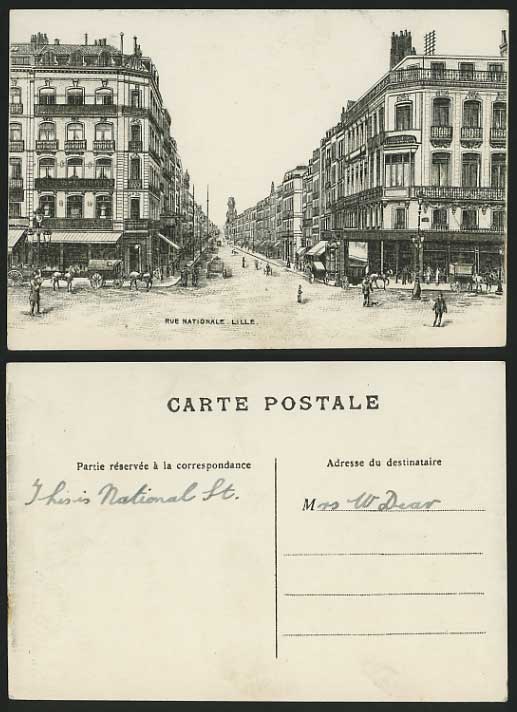 France Old Sketch Postcard LILLE Street - Rue Nationale