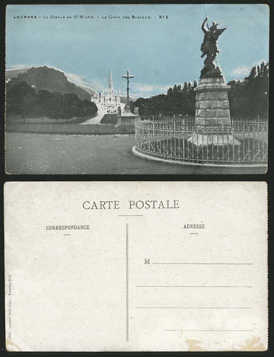 France Old Colour Postcard LOURDES Statue de St. Michel