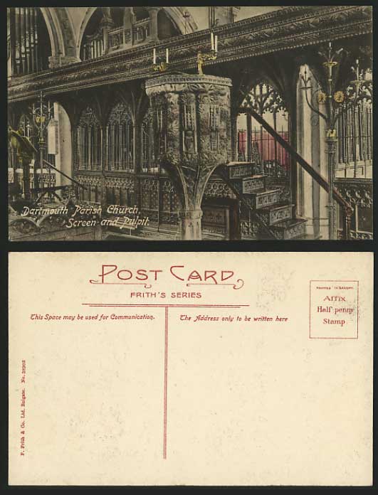 Devon Old Postcard DARTMOUTH Pa. Church Screen & Pulpit