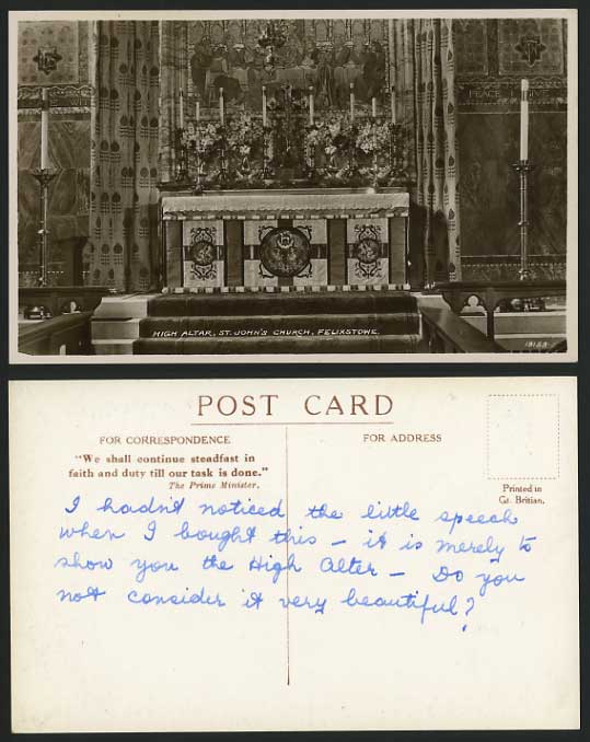 FELIXSTOWE Old RP Postcard St. John's Church High Altar
