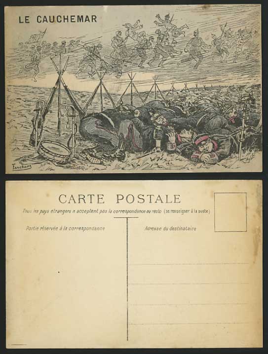 WW1 Old Art Drawn Postcard SLEEPING SOLDIERS Cauchemar