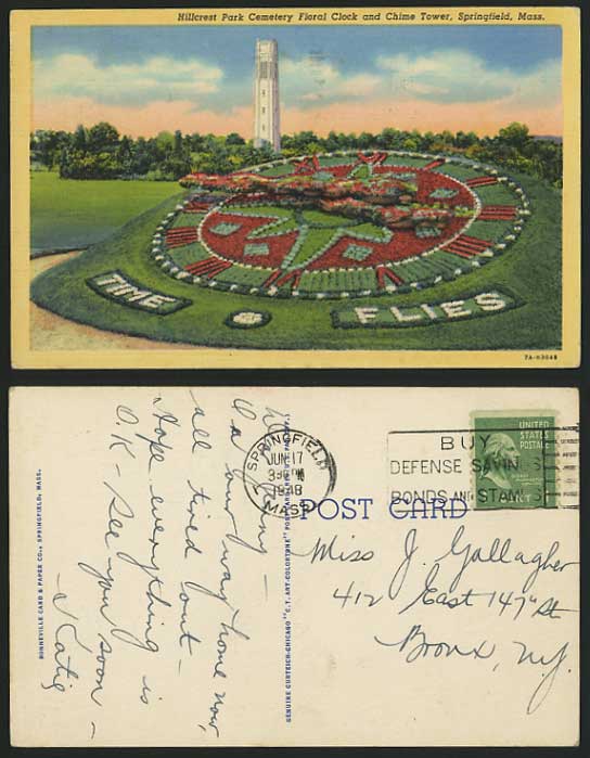 USA 1948 Postcard MASSACHUSETTS Hillcrest Park Cemetery