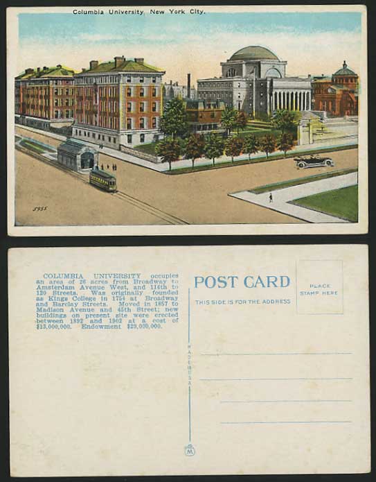 USA Old Postcard NEW YORK Columbia University - TRAMWAY