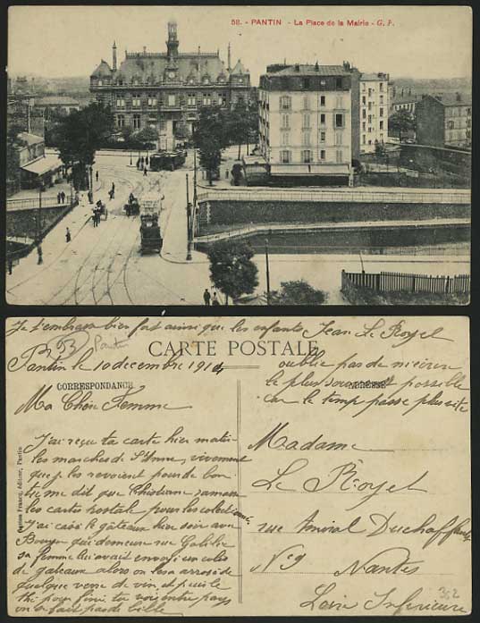 France 1914 Old Postcard PANTIN Place de la Mairie Tram