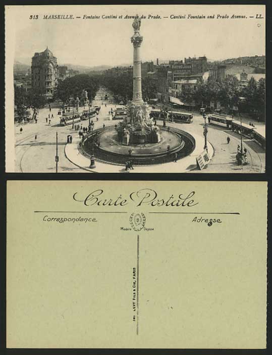 MARSEILLE Old Postcard Fountain Cantini Ave. Prado Tram