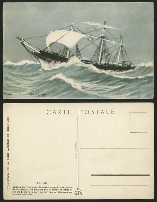 En Fuite Boat SHIP ROUGH SEA Artist Signed Old Postcard