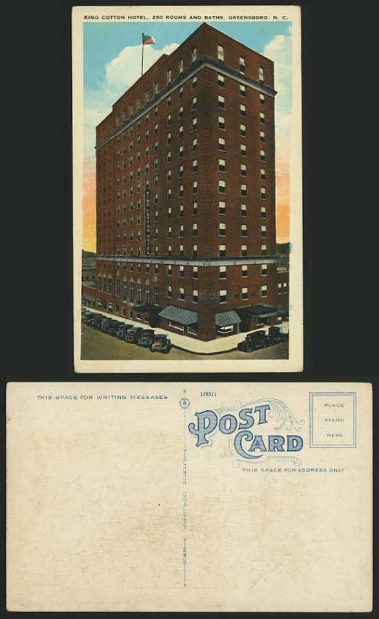 USA Old Postcard NORTH CAROLINA King Cotton Hotel Cars