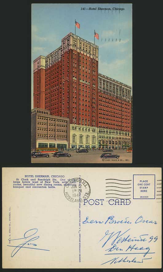 USA 1947 Old Postcard Illinois - CHICAGO Hotel Sherman