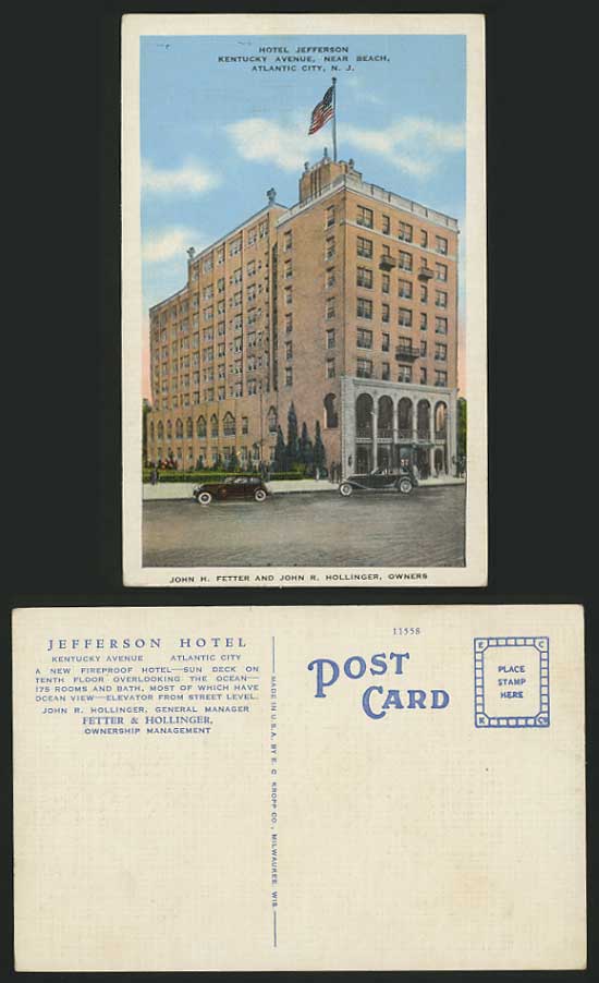 USA N.J. Old Postcard ATLANTIC CITY Hotel Jefferson Car