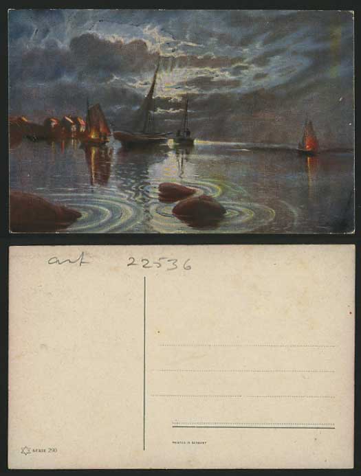 SHIPPING Artist Drawn Old Postcard SAILING BOATS Night