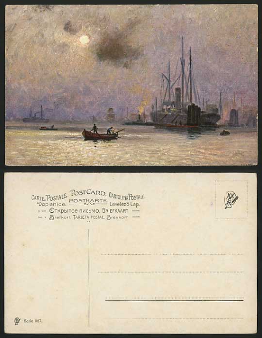 SHIPPING Artist Signed Old Postcard ROWING BOAT Steamer
