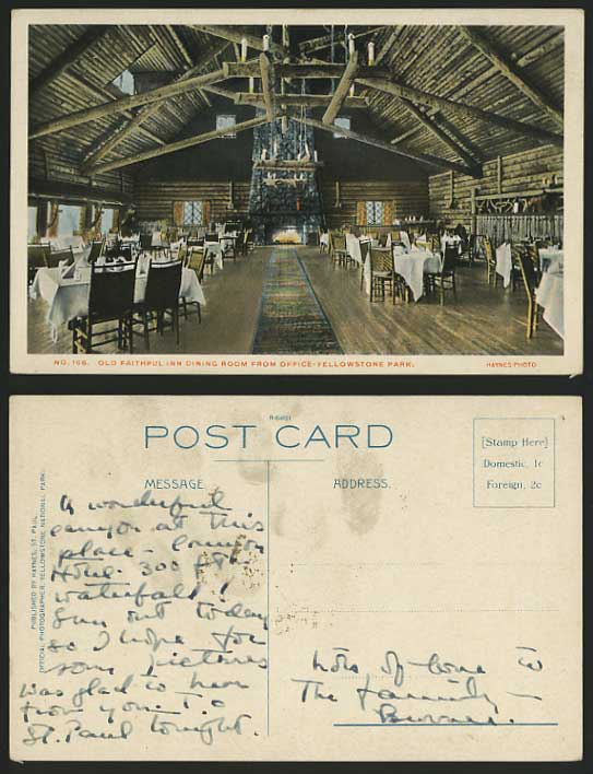 YELLOWSTONE PARK Old Faithful Inn Dining Room Postcard