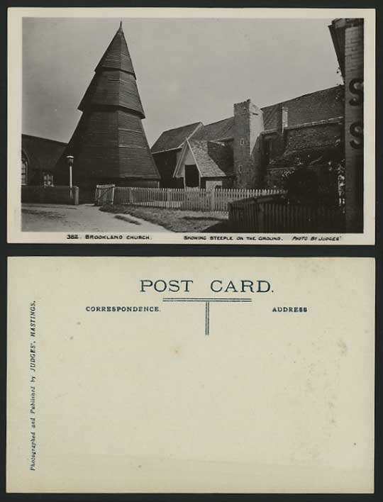 Kent Old Real Photo Postcard BROOKLAND CHURCH Steeple on Ground Judges'