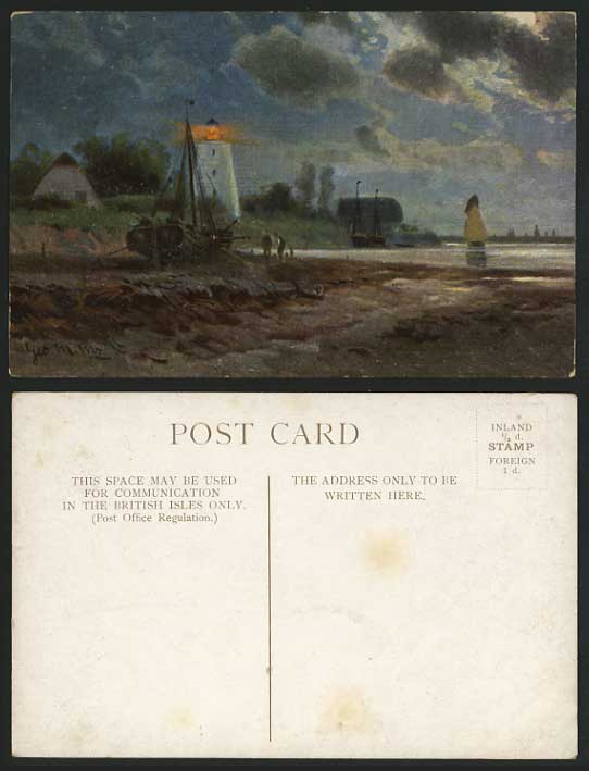 Artist Signed Old Postcard SAILING BOAT Beach Harbour
