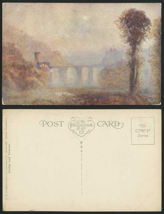 Artist Drawn Old Postcard BRIDGE TOWERS Foggy River Scene C W Faulkner & Co 1005