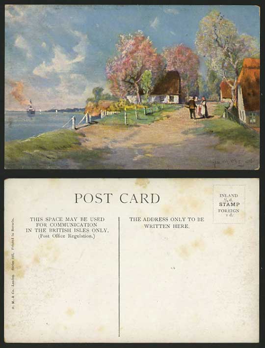 Artist Signed Old Postcard VILLAGE Trees Road & STEAMER