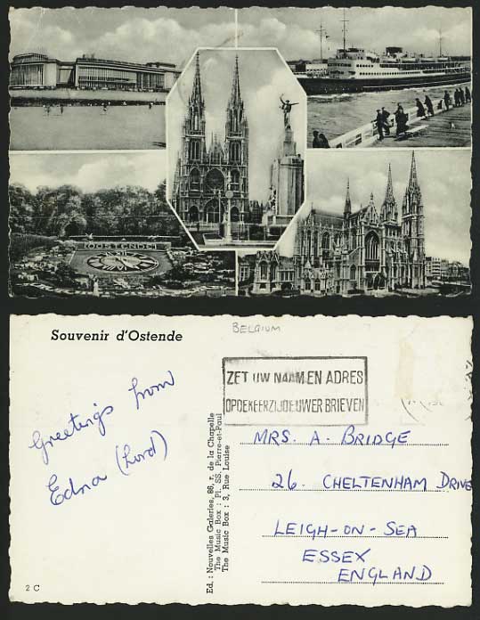 Belgium Old Multiview Postcard OSTEND Church Clock Ship