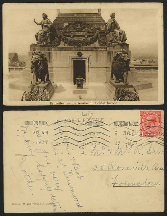 Belgium 1927 Postcard BRUSSELS Grave of Unkown Soldier