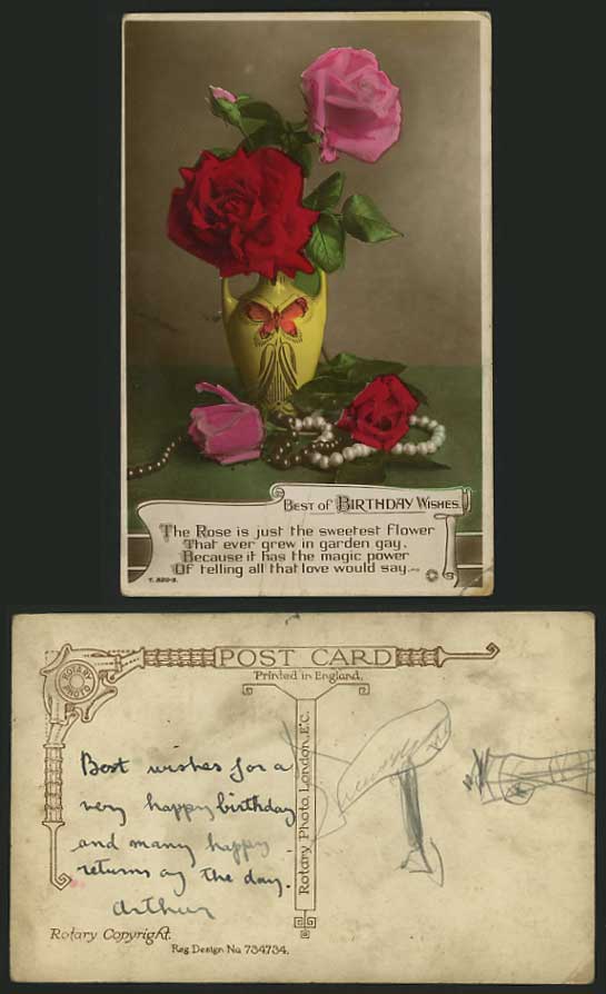 Birthday Greetings Old Postcard ROSES & Pearl Necklace