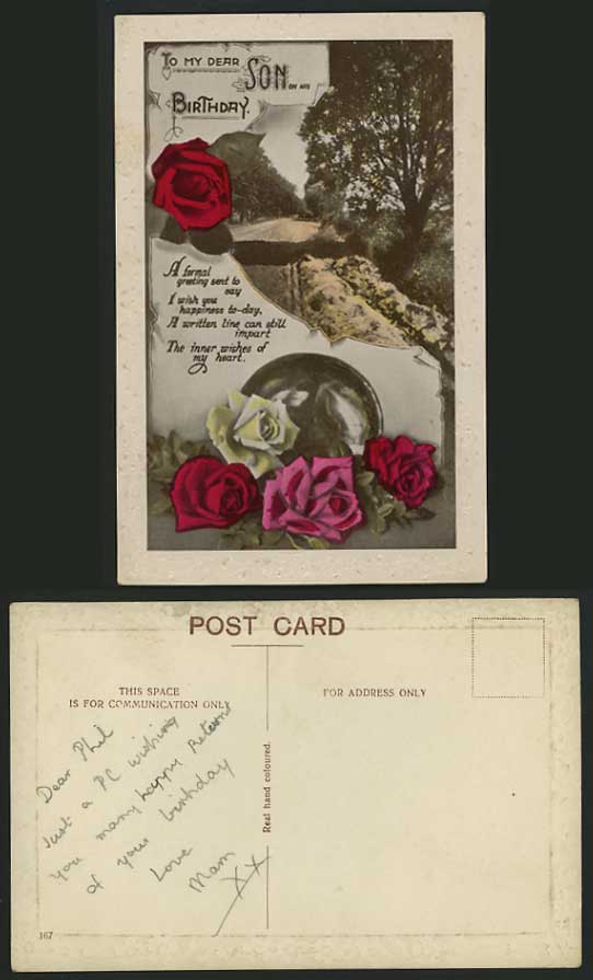 BIRTHDAY Greeting Old Postcard RED ROSES To My Dear Son