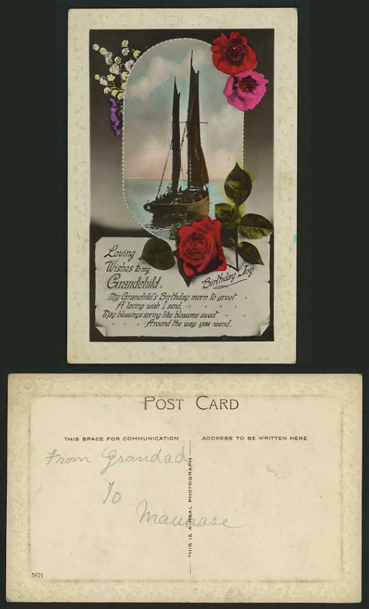 RED ROSES Boat LOVING WISHES to Grandchild Old Postcard