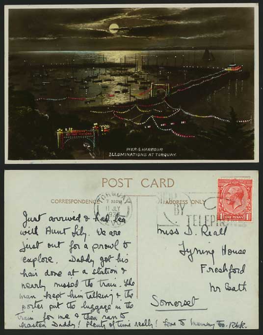 TORQUAY 1938 Postcard Pier Harbour Illuminated at Night