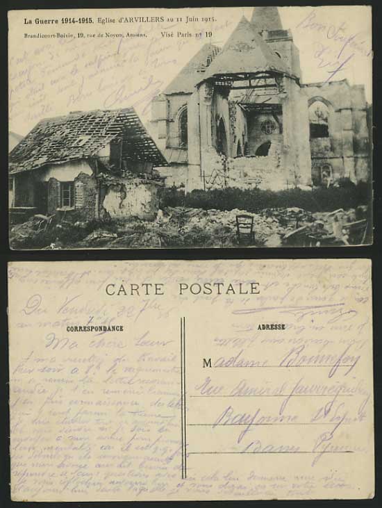 WW1 Ruins France 1915 Postcard ARVILLERS Bombed Church