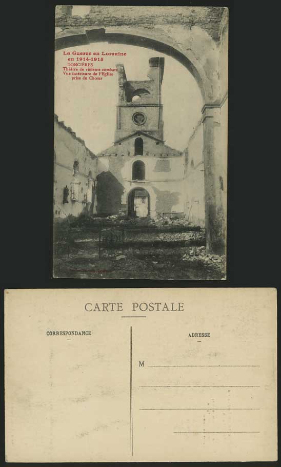WW1 Ruins 1914-15 Old Postcard DONCIERES, Bombed Church