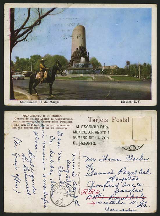 MEXICO 1954 Old Postcard Horse St Monumento 18 de Marzo