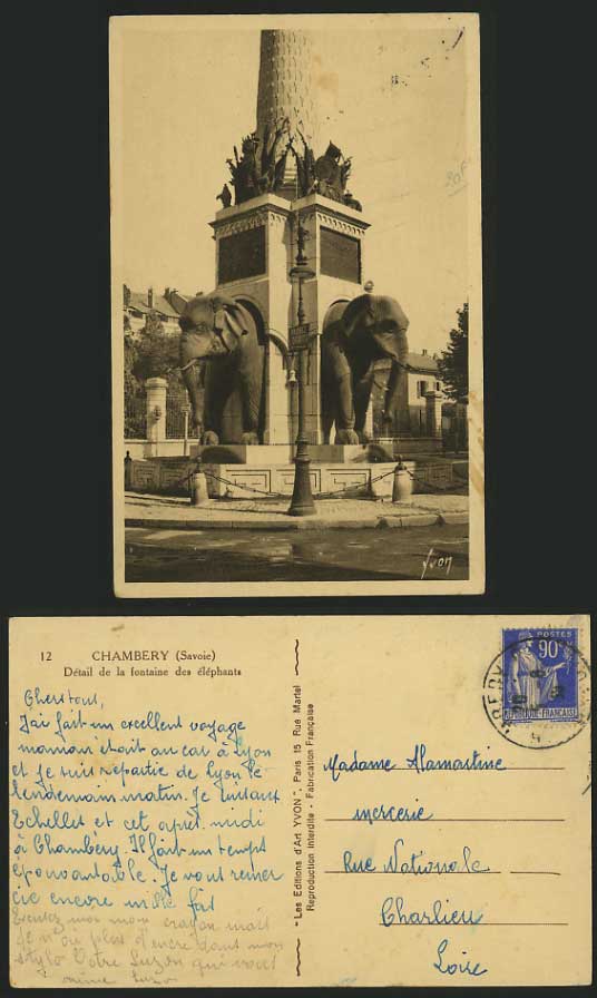 France 1939 Old Postcard CHAMBERY Fountain of Elephants