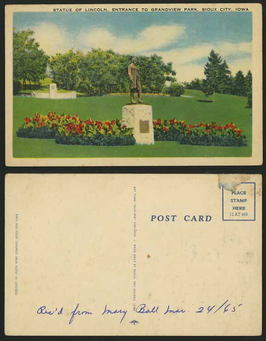 USA Old Postcard IOWA Statue of Lincoln Grandview Park