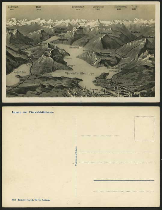Swiss MAP Old Postcard Luzern & Vierwaldstaettesee, etc