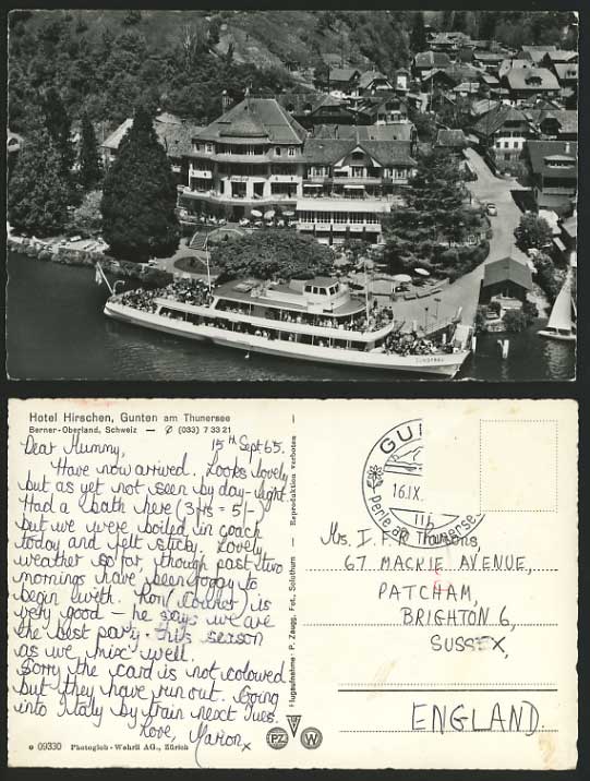 Swiss 1965 Old Postcard LAKE THUN Hotel Hirschen GUNTEN