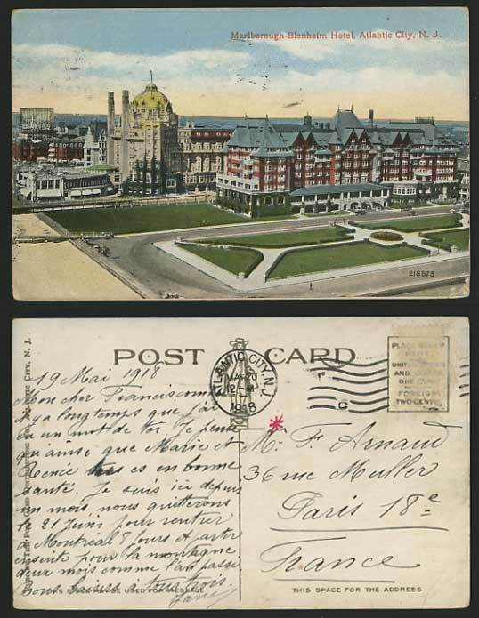 USA NJ 1918 Old Postcard Marlborough-Blenheiheim Hotel