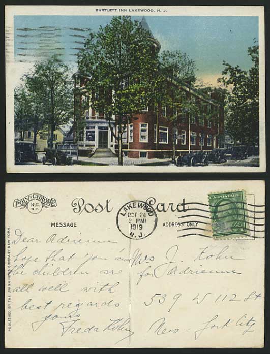 USA 1919 Old Postcard Hotel, Cars Bartlett Inn Lakewood