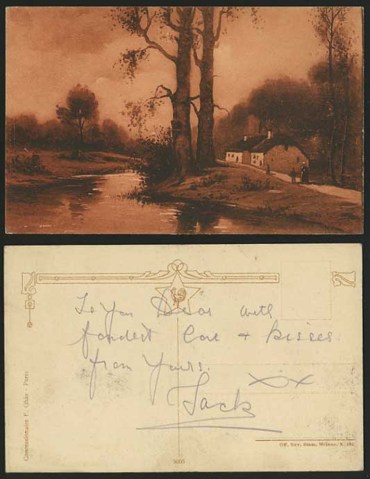 Artist Drawn Old Postcard THATCHED COTTAGES Trees River