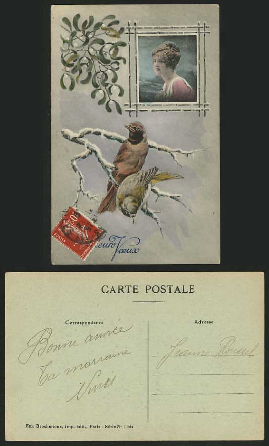 BIRDS Woman Old Colour Postcard WINTER Snowy LANDSCAPE