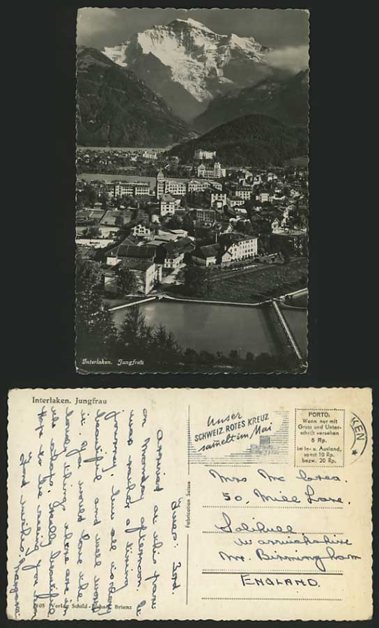 Switzerland Swiss Old Real Photo Postcard INTERLAKEN Jungfrau Bridges River Mts.