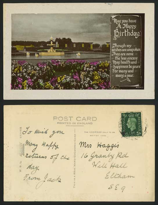 HAPPY BIRTHDAY KG6 Old Colour Postcard Fountain Flowers