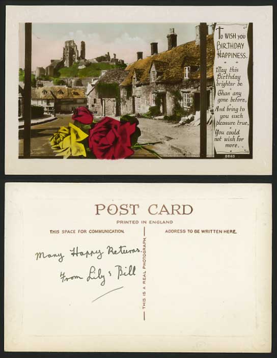 BIRTHDAY Castle Ruins & Roses - Old Greetings Postcard