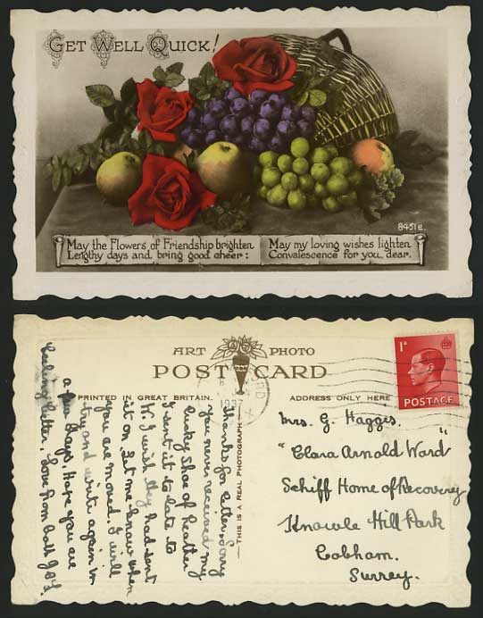 GET WELL QUICK 1937 KE8 1d Postcard Grapes Roses Apples