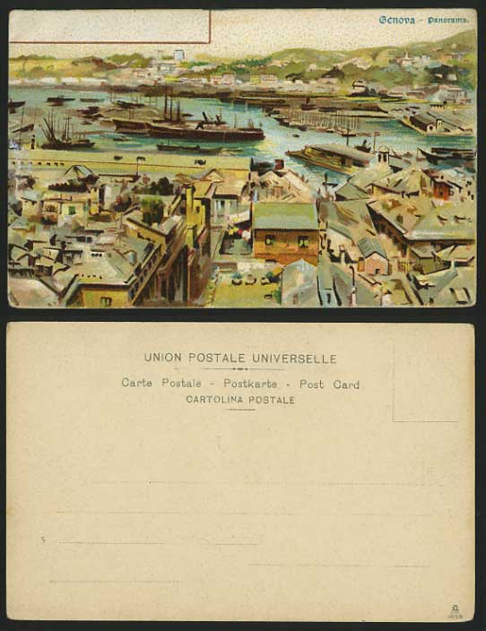 Italy Old Artist Drawn Postcard GENOA Panorama Harbour