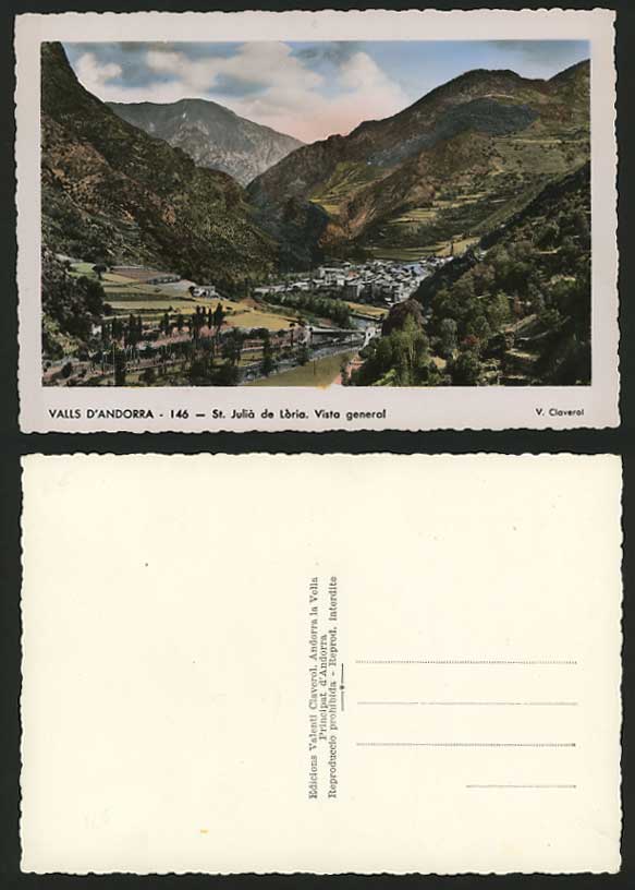 ANDORRA c.1950 Old Colour Postcard ST. JULIA DE LORIA Mountains River & Panorama